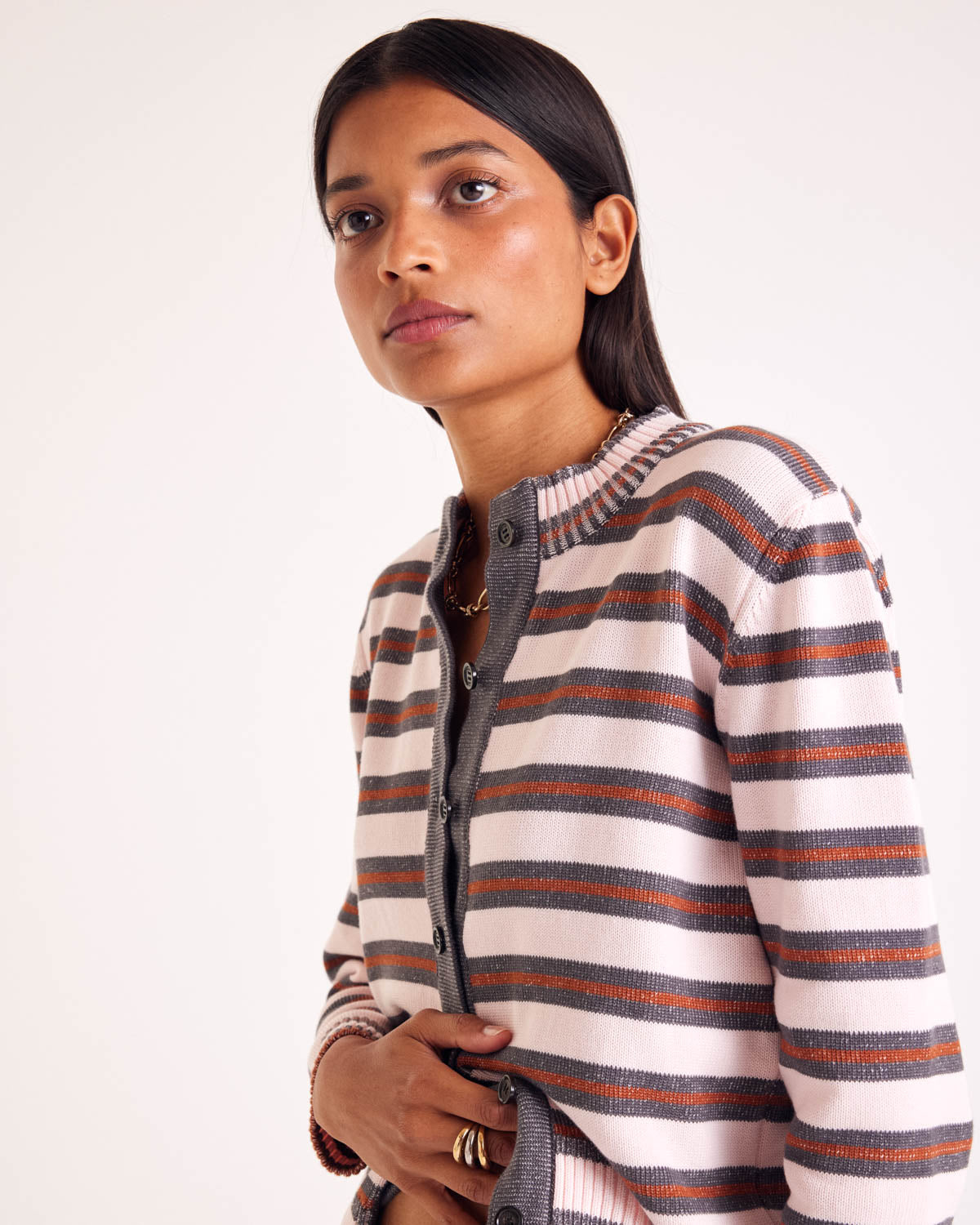Cardigan Clarisse rayures gris, rose et cannelle