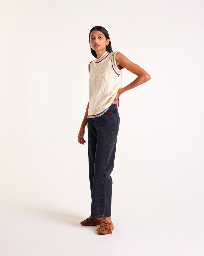 Pull Perle écru liseré bleu et rouge