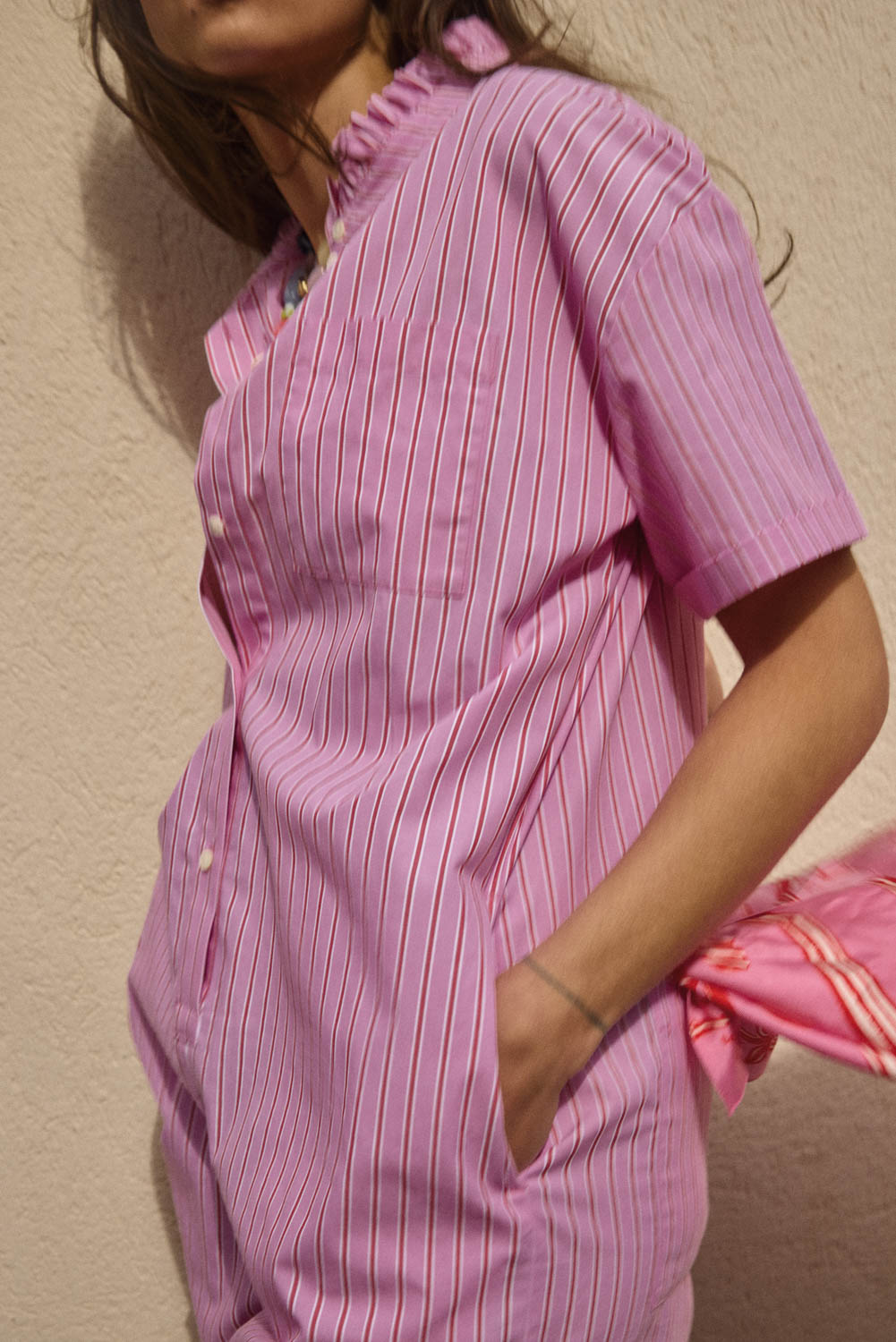 Combinaison Safran rayures rose et rouge
