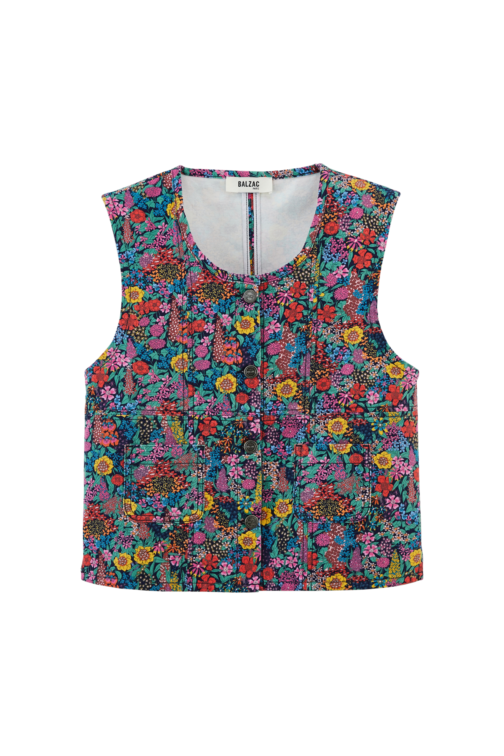 Gilet Mike en tissu Liberty violet, jaune et rose