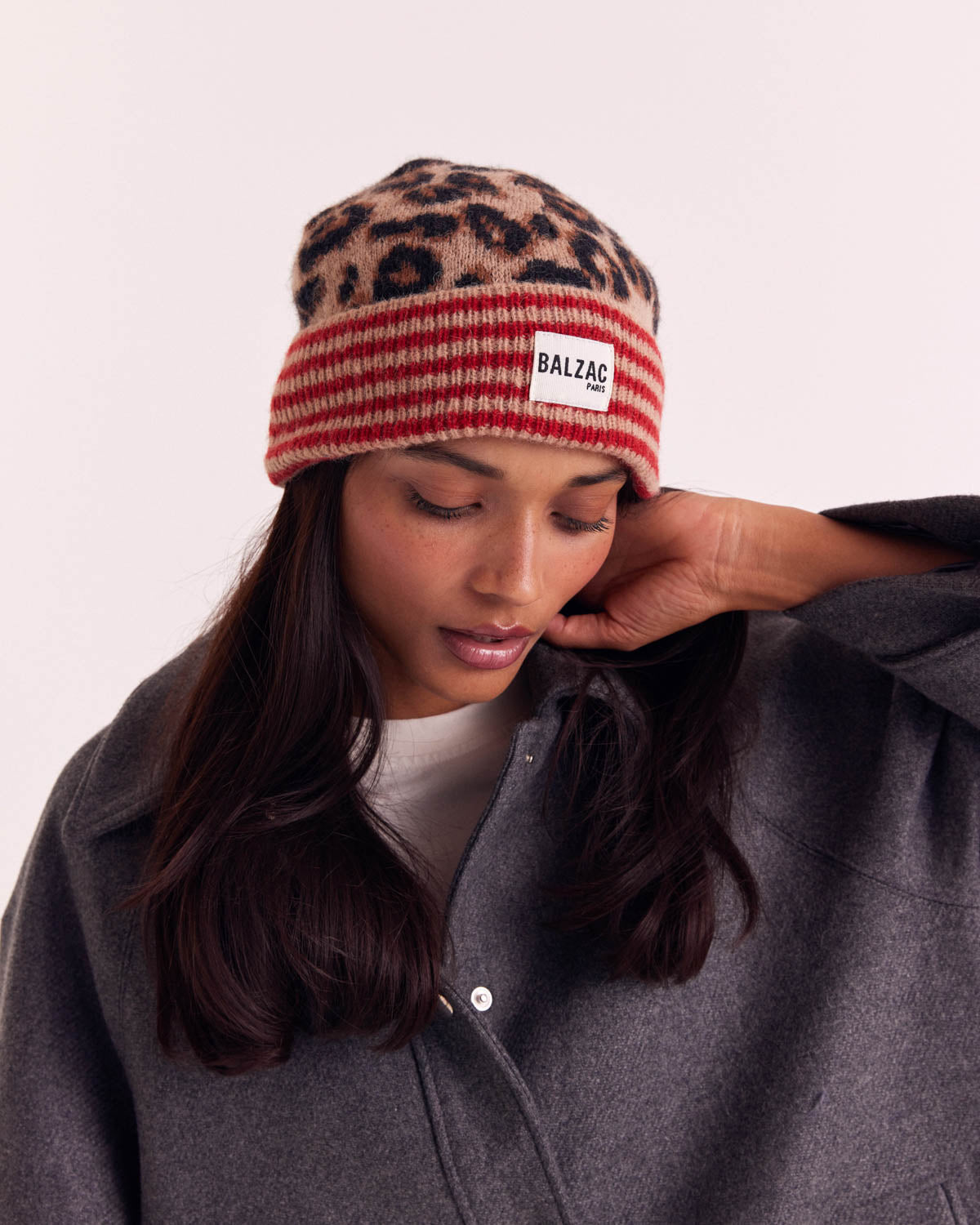 Bonnet Lou rayures rouge et léopard