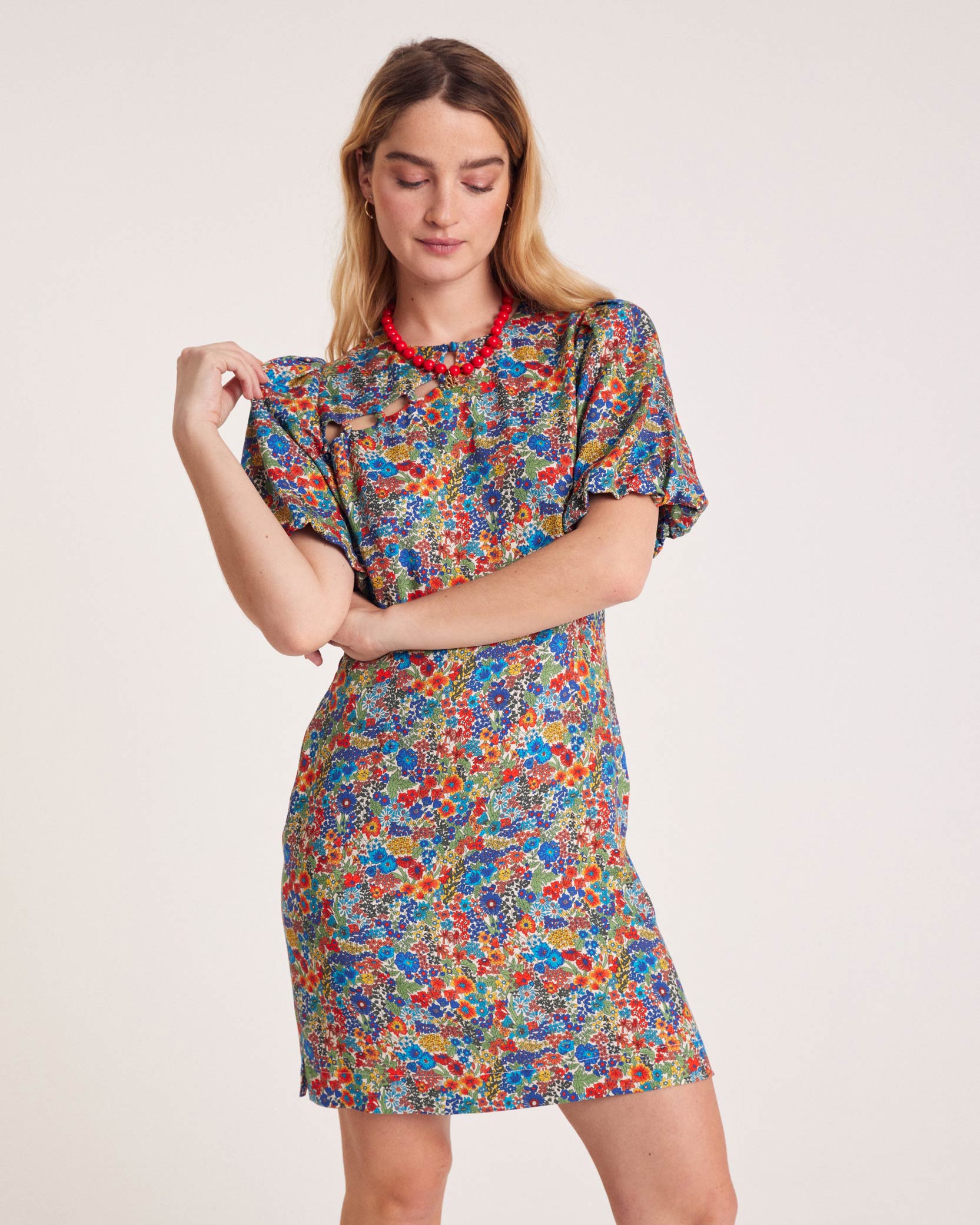 Robe Charlotte en tissu Liberty bleu et jaune