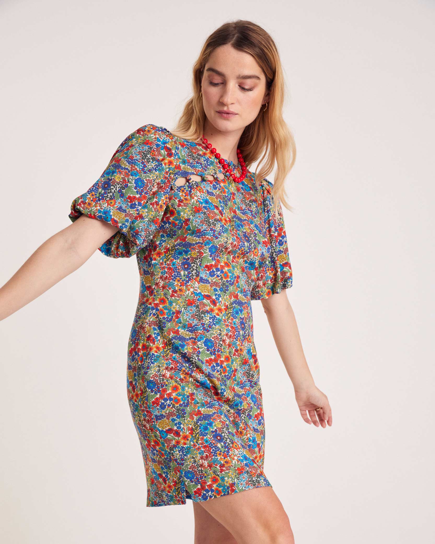 Robe Charlotte en tissu Liberty bleu et jaune