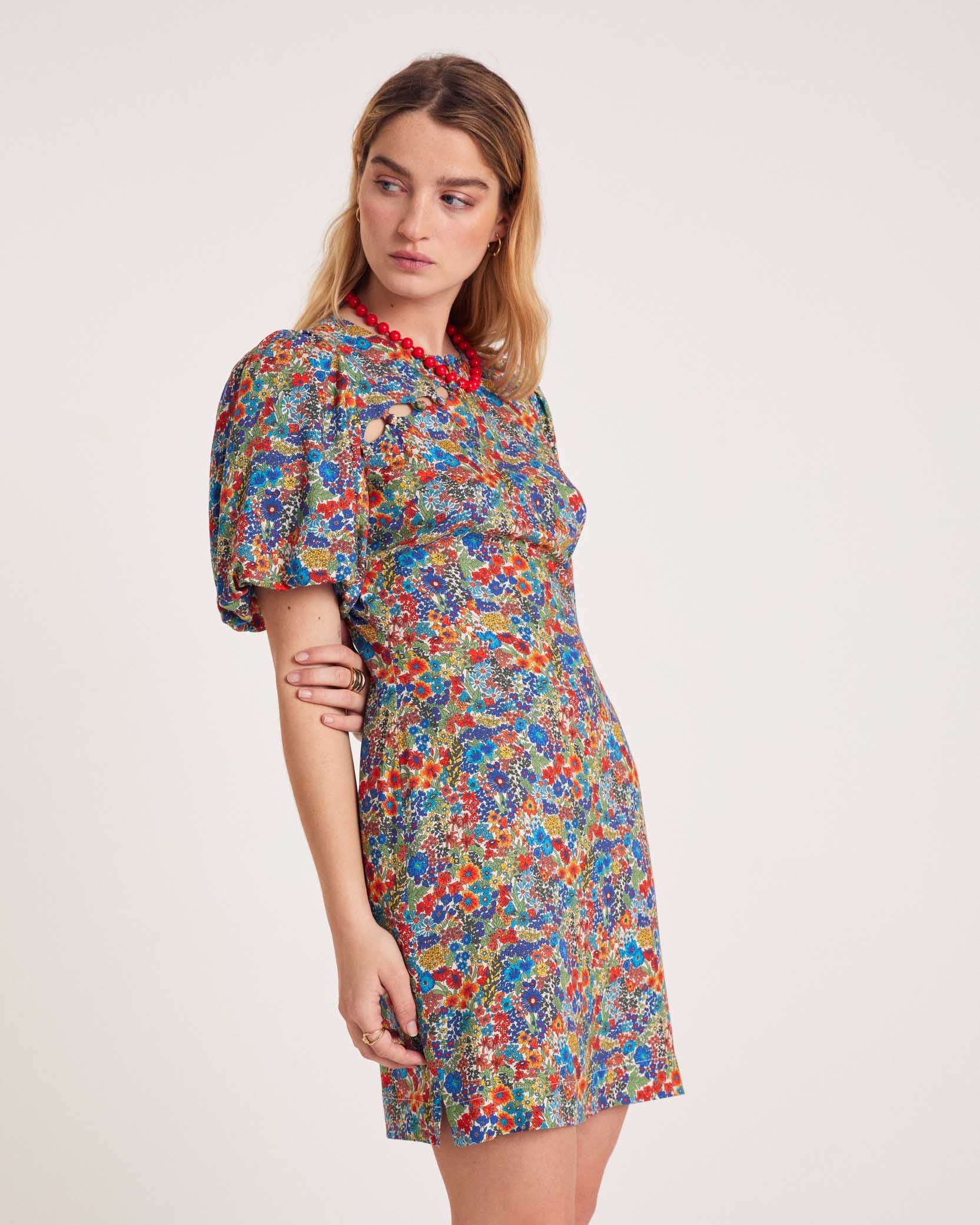 Robe Charlotte en tissu Liberty bleu et jaune