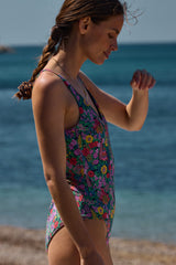 Maillot de bain Emy en matière Liberty violet, jaune et rose