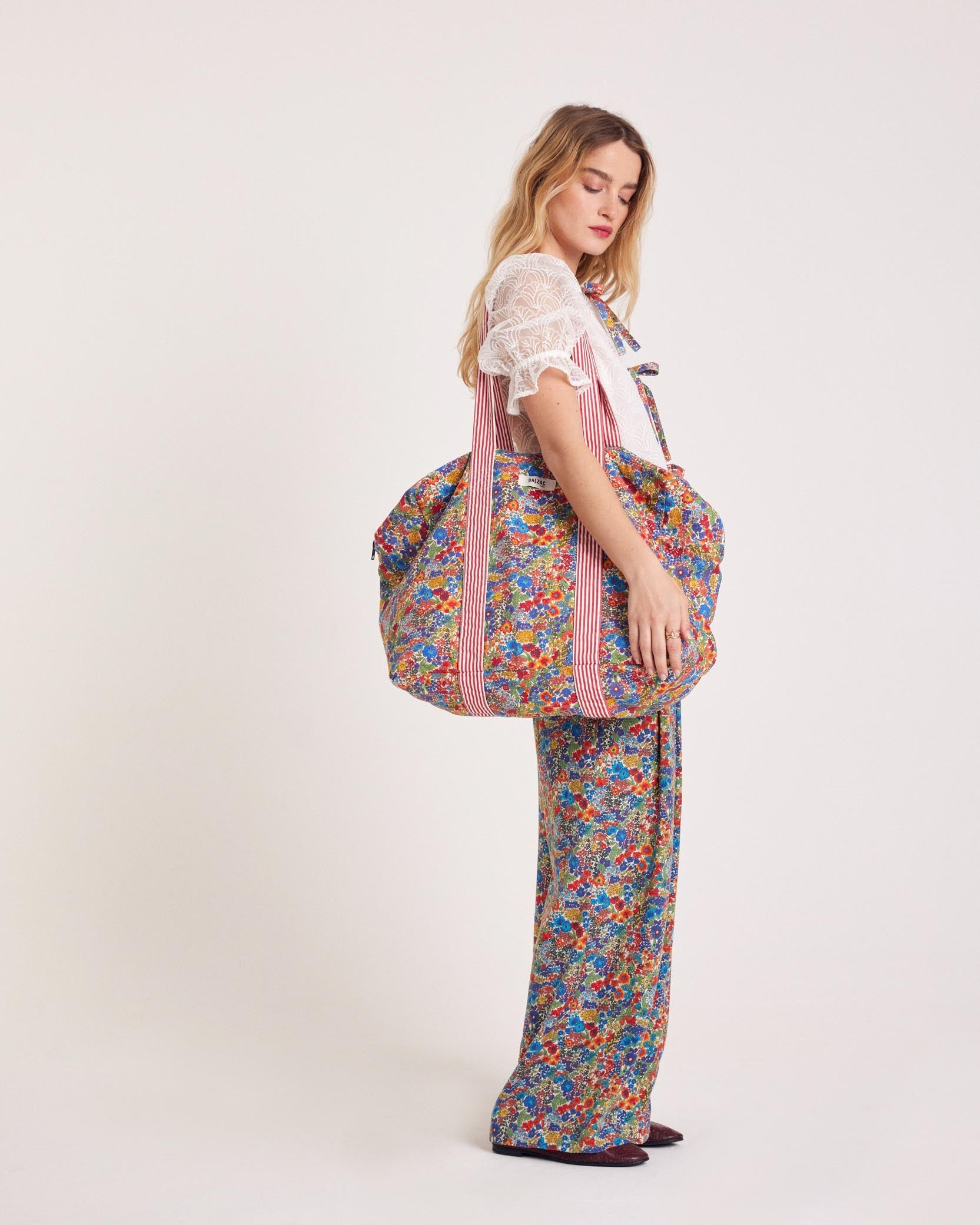 Sac Dany en tissu Liberty bleu et jaune et rayure rouge
