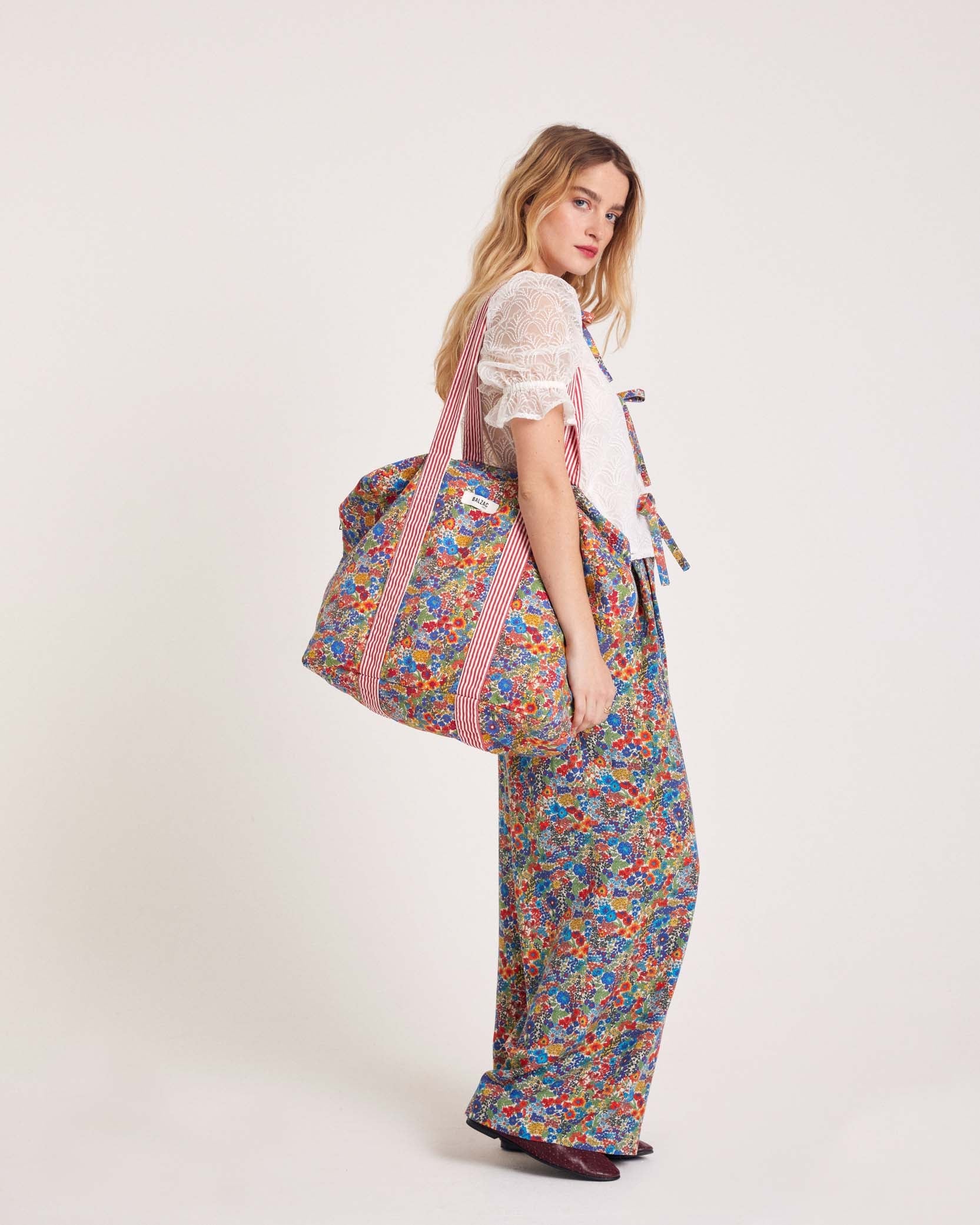 Sac Dany en tissu Liberty bleu et jaune et rayure rouge