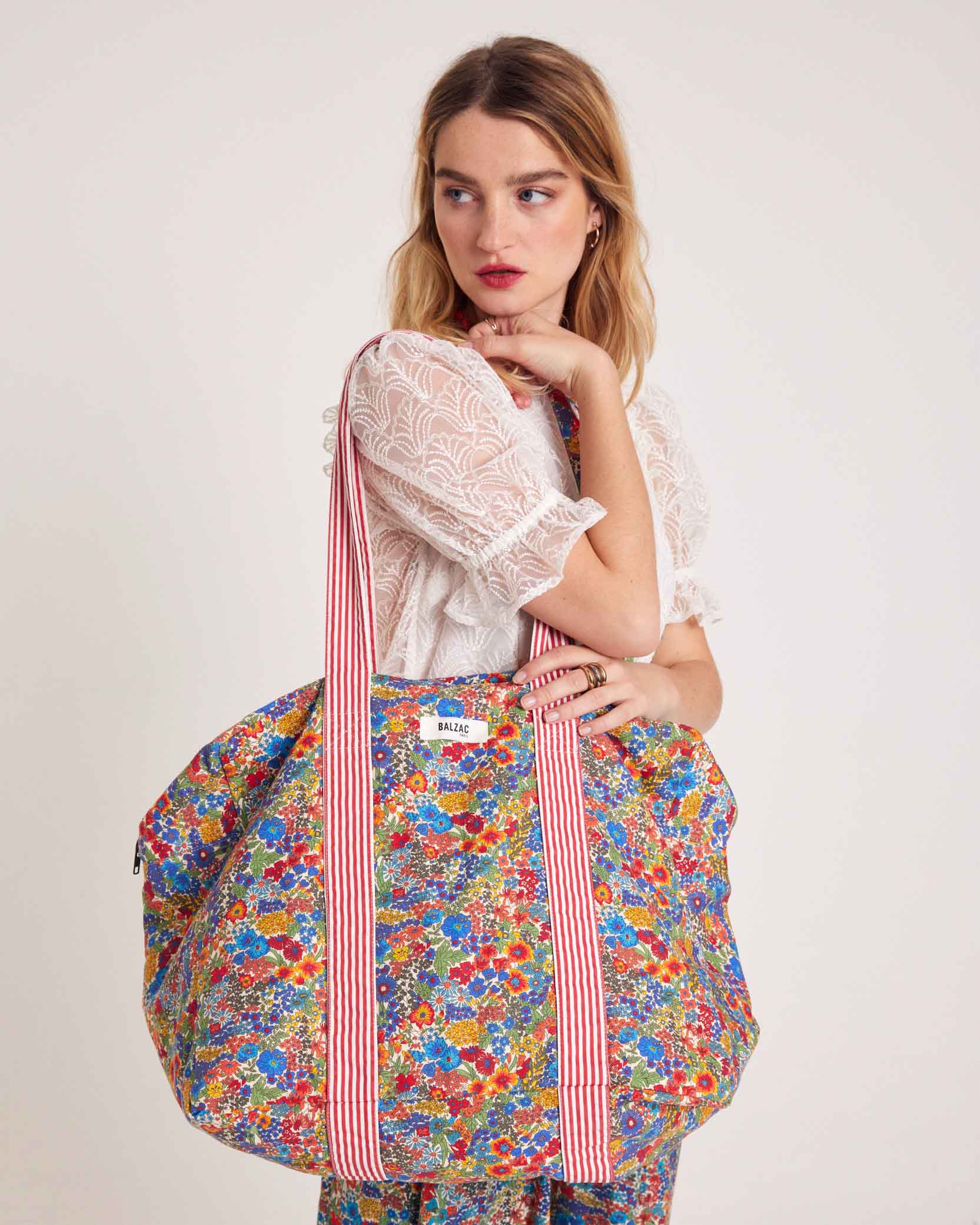 Sac Dany en tissu Liberty bleu et jaune et rayure rouge