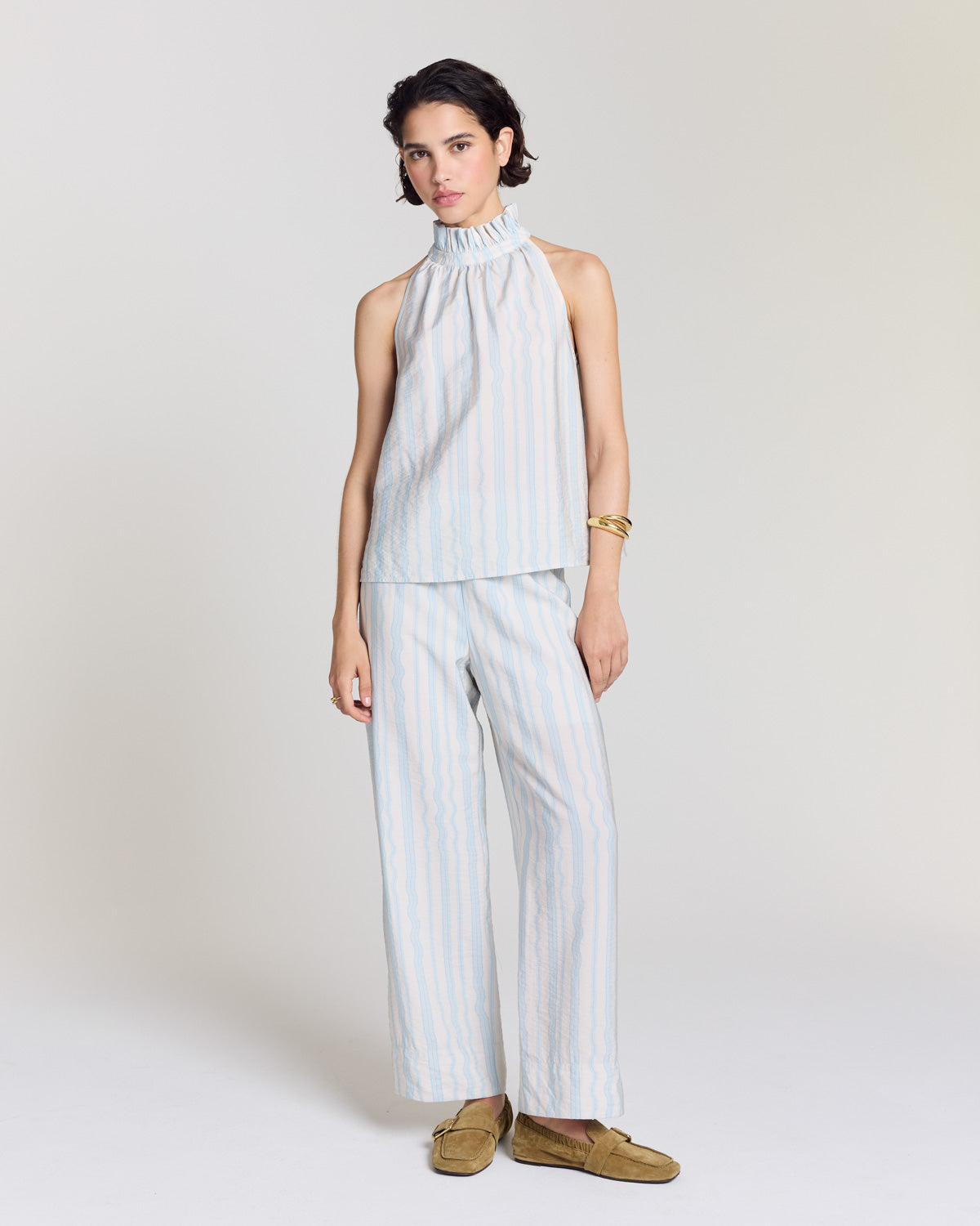 Pantalon Hollis rayures onde fond blanc