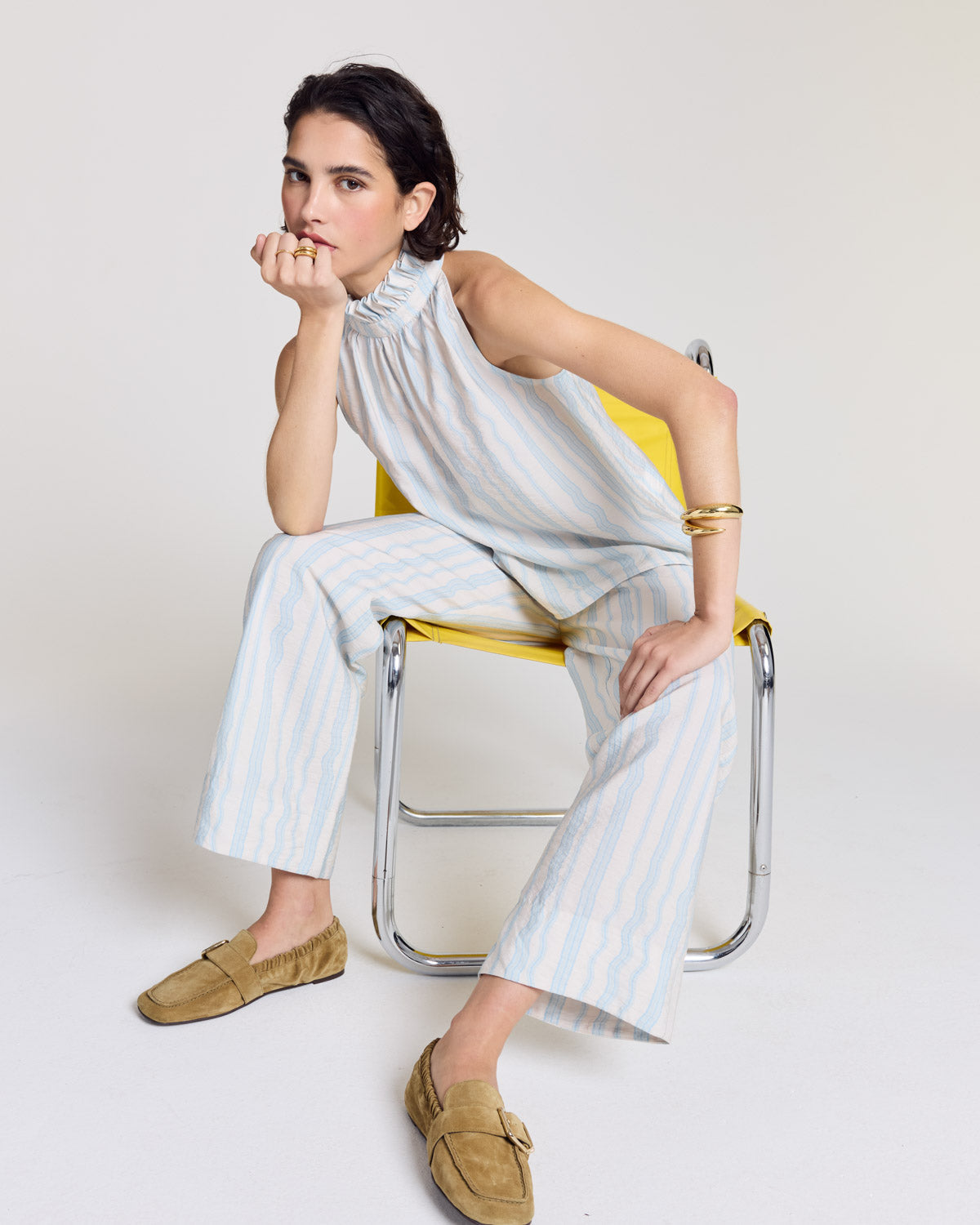 Pantalon Hollis rayures onde fond blanc