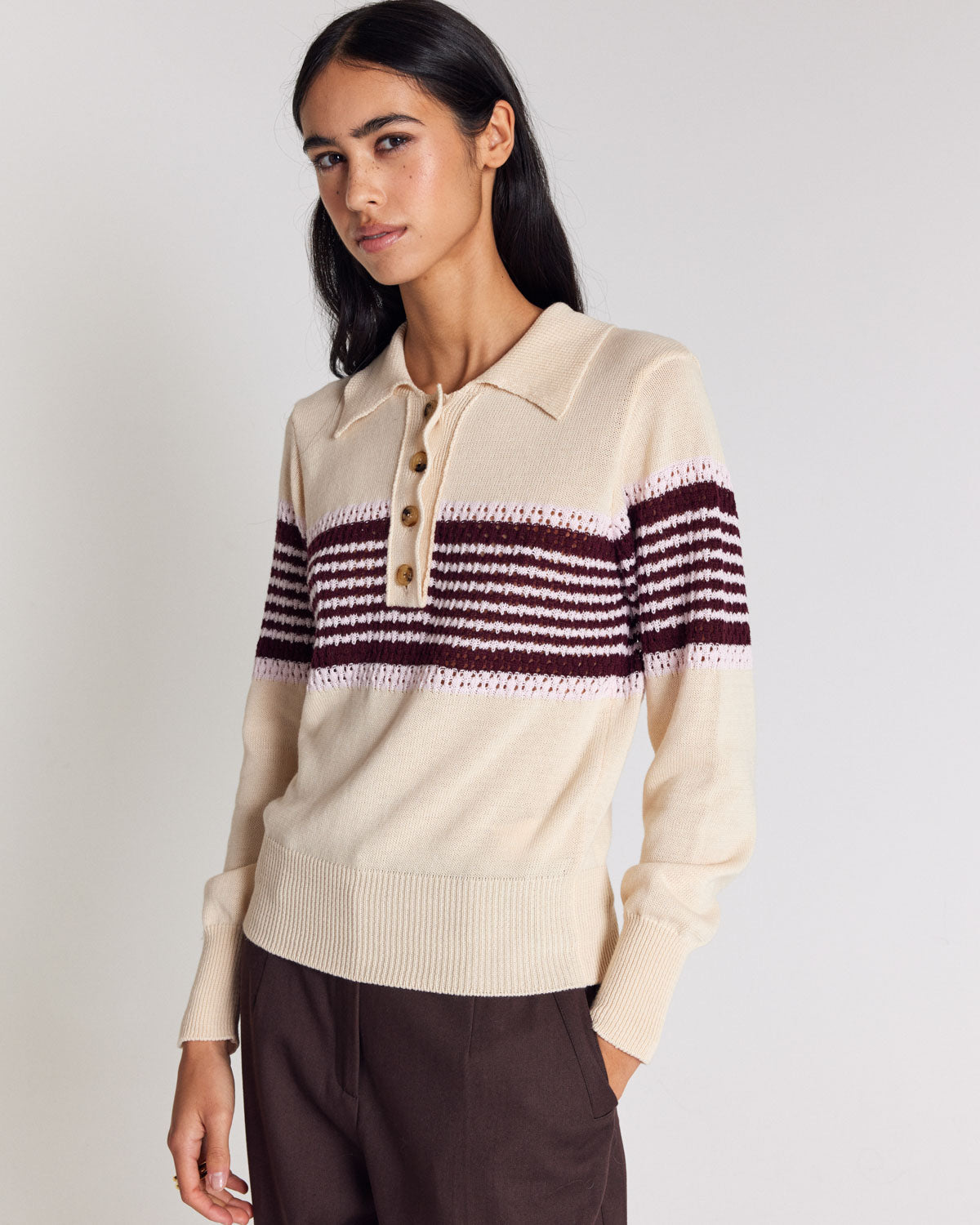 Pull Elodie écru rayures bordeaux