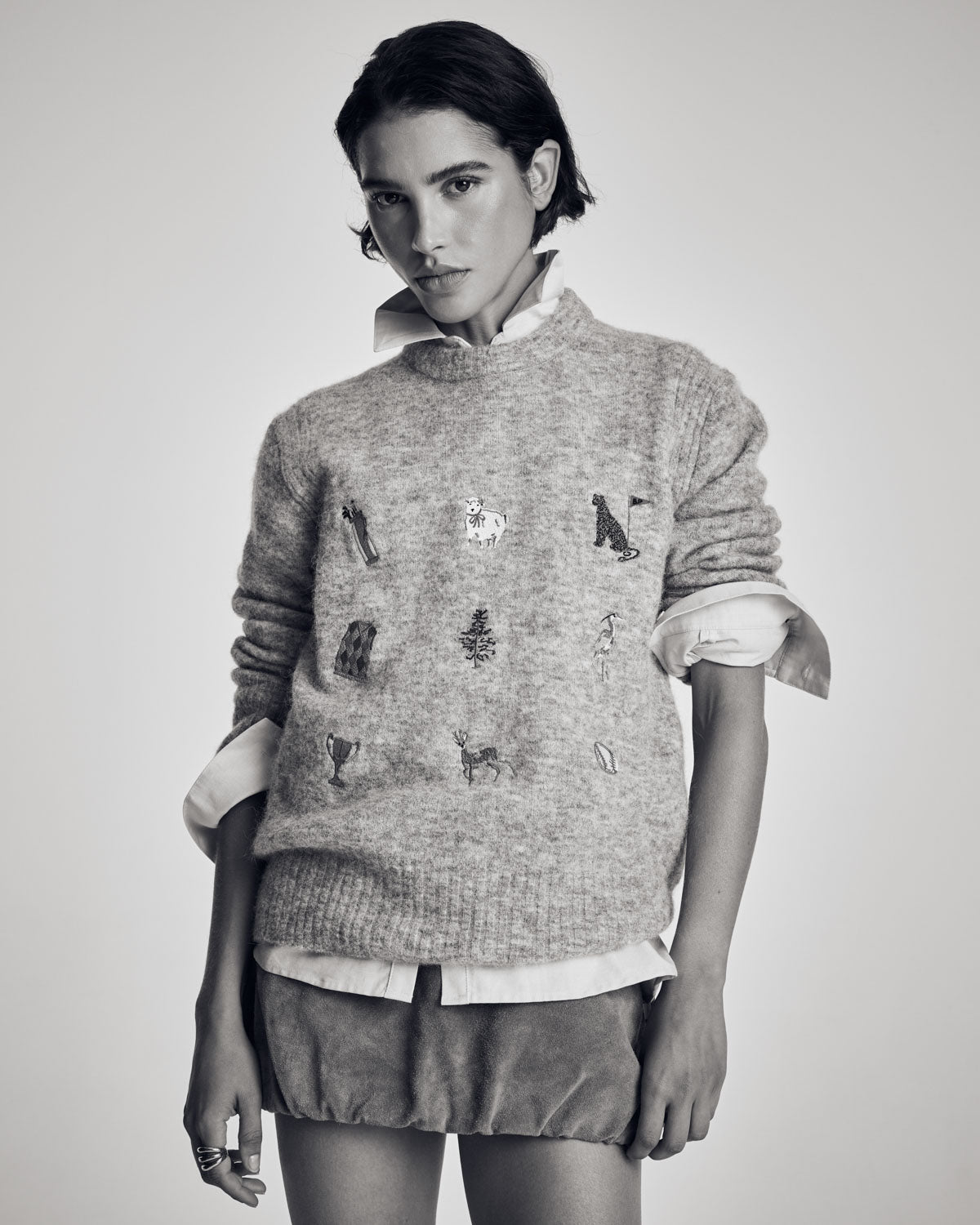 Pull Prune gris chiné et broderies ivy