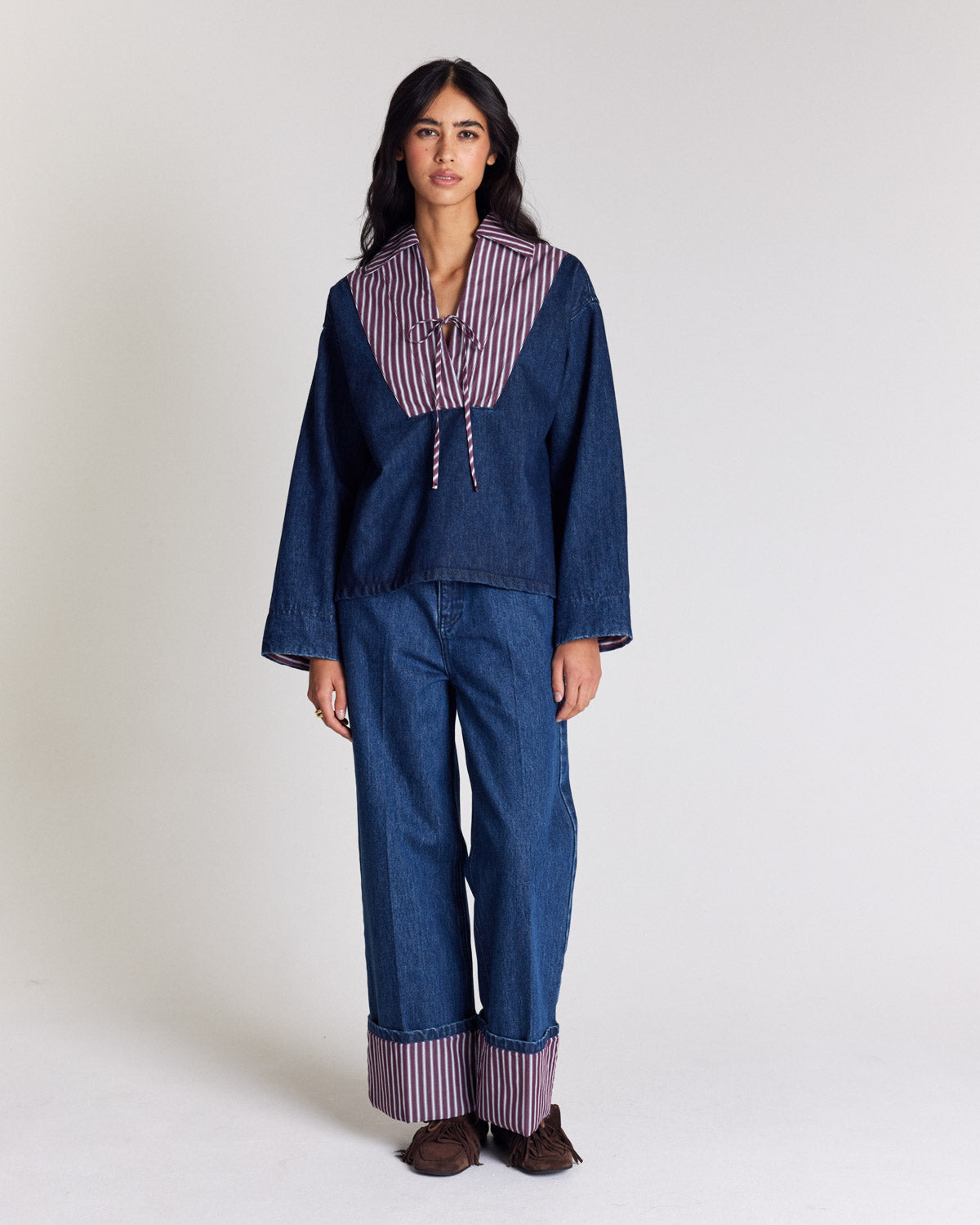 Jean Aymeric bleu indigo et rayures prune