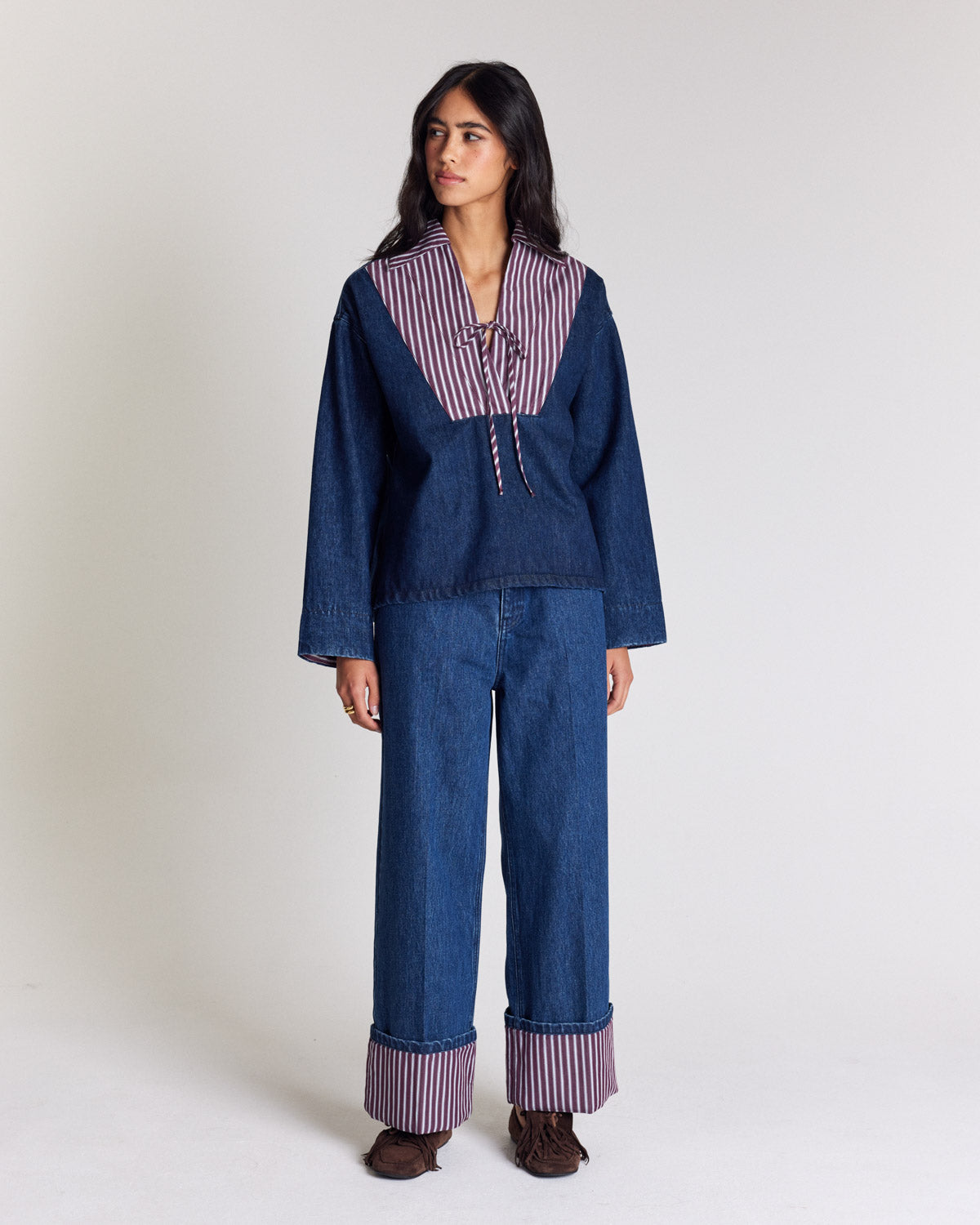 Jean Aymeric bleu indigo et rayures prune