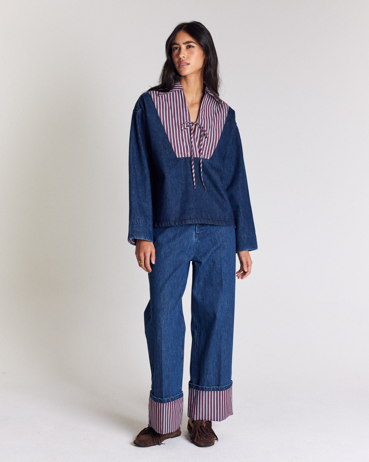Jean Aymeric bleu indigo et rayures prune