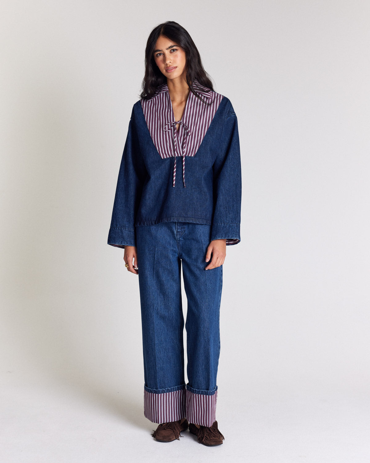Jean Aymeric bleu indigo et rayures prune