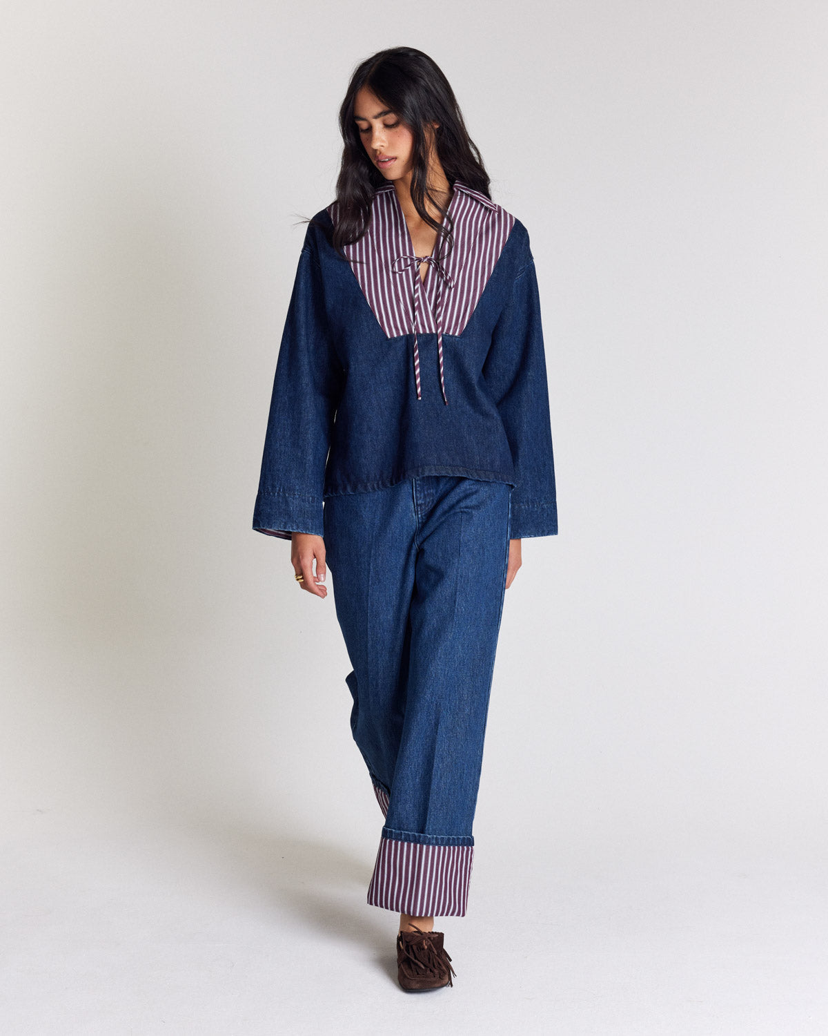 Jean Aymeric bleu indigo et rayures prune