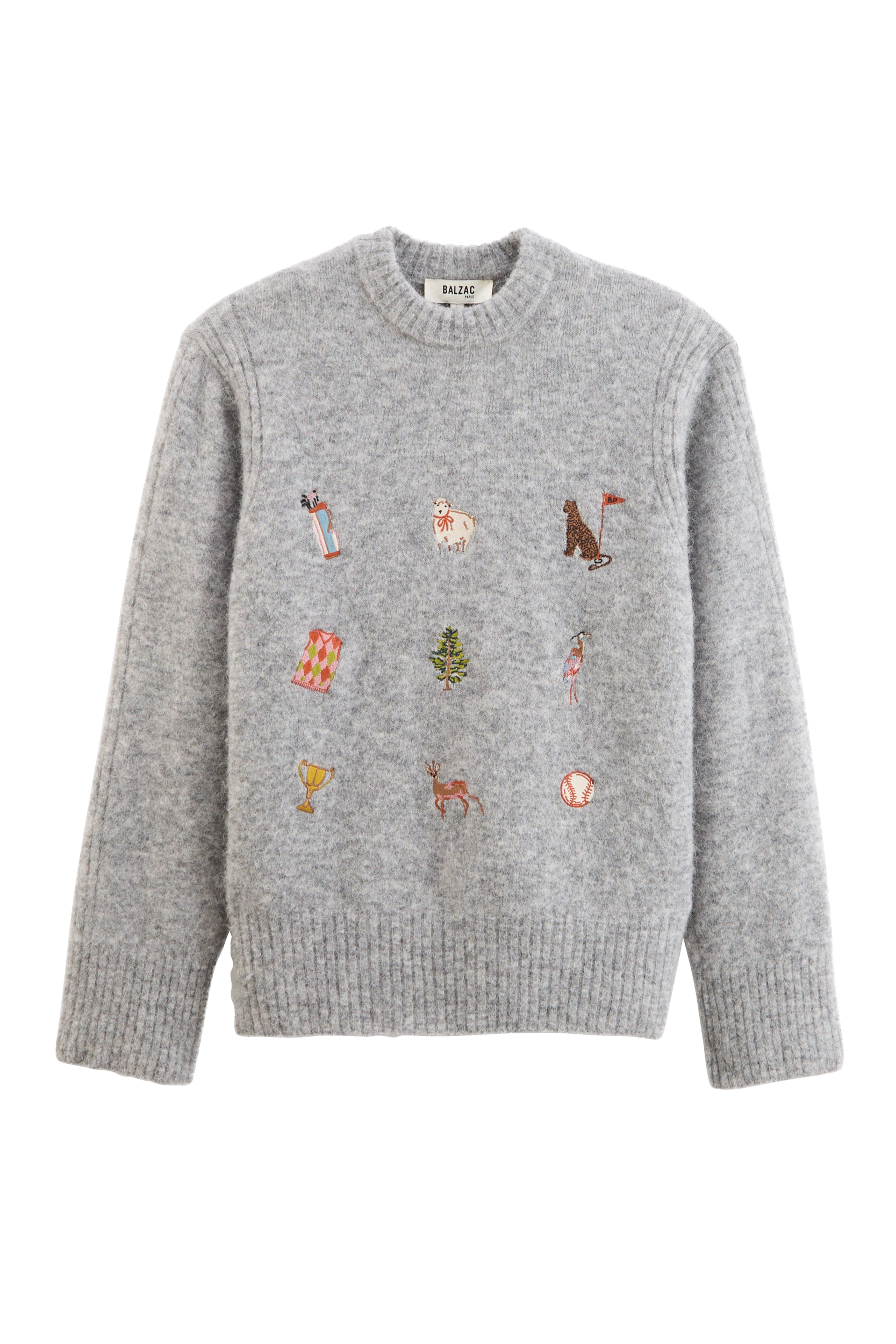 Pull Prune gris chiné et broderies ivy
