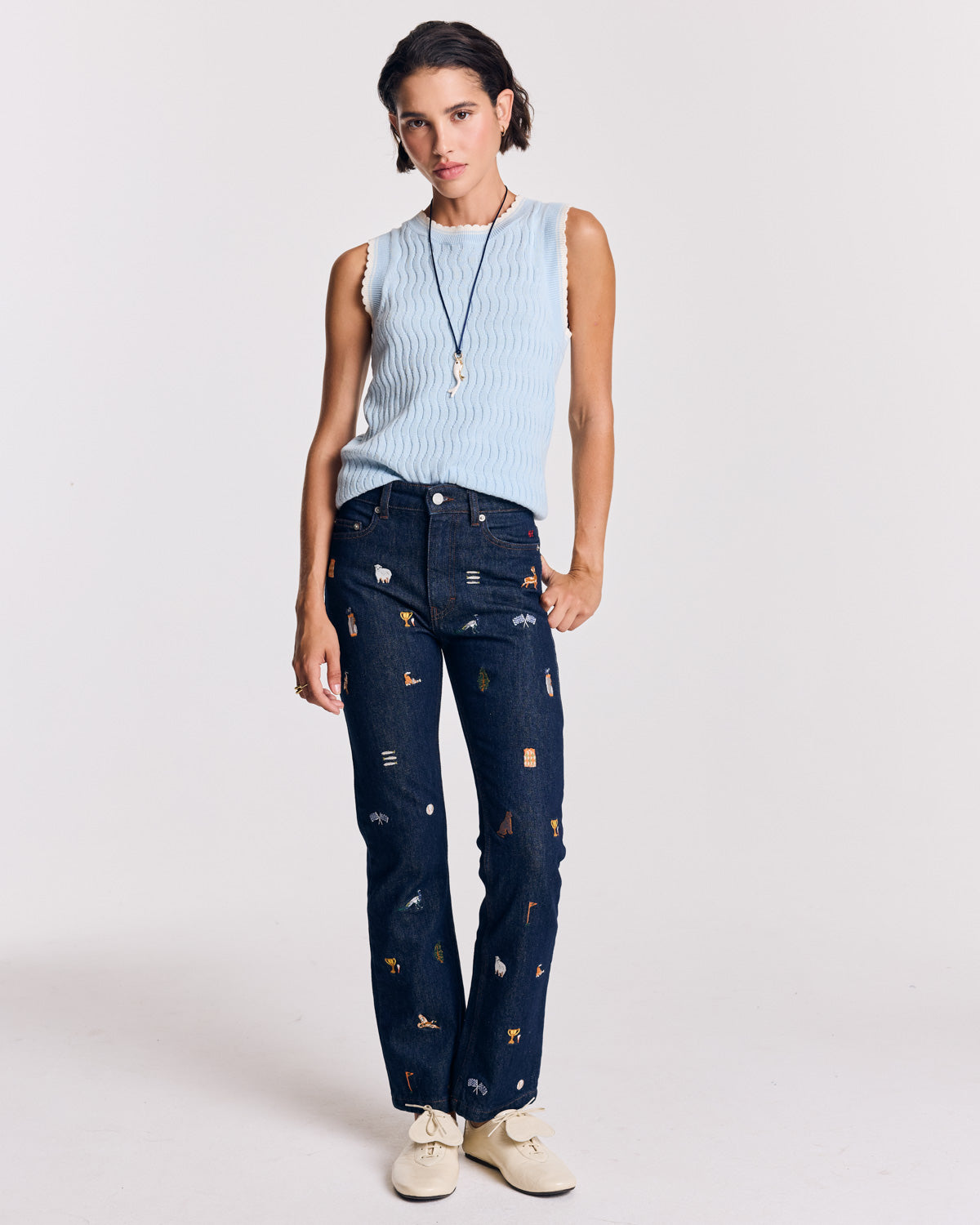 Jean Elsie bleu brut et broderies ivy