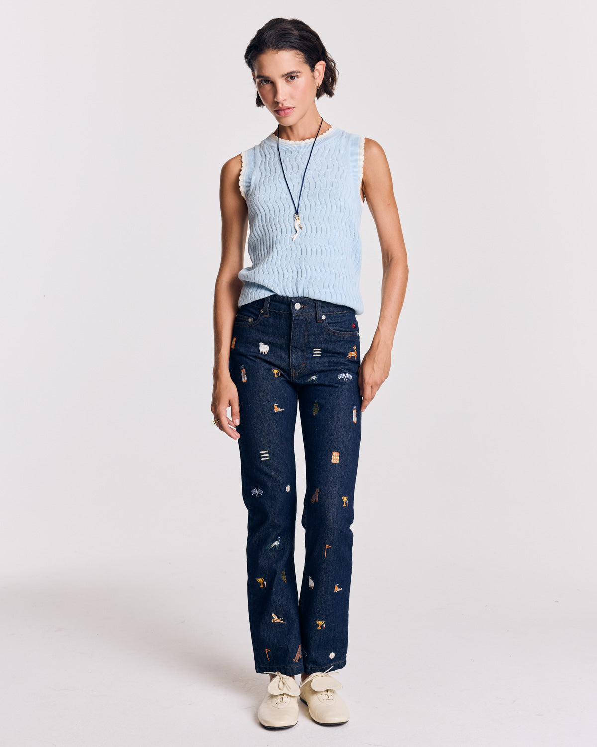 Jean Elsie bleu brut et broderies ivy