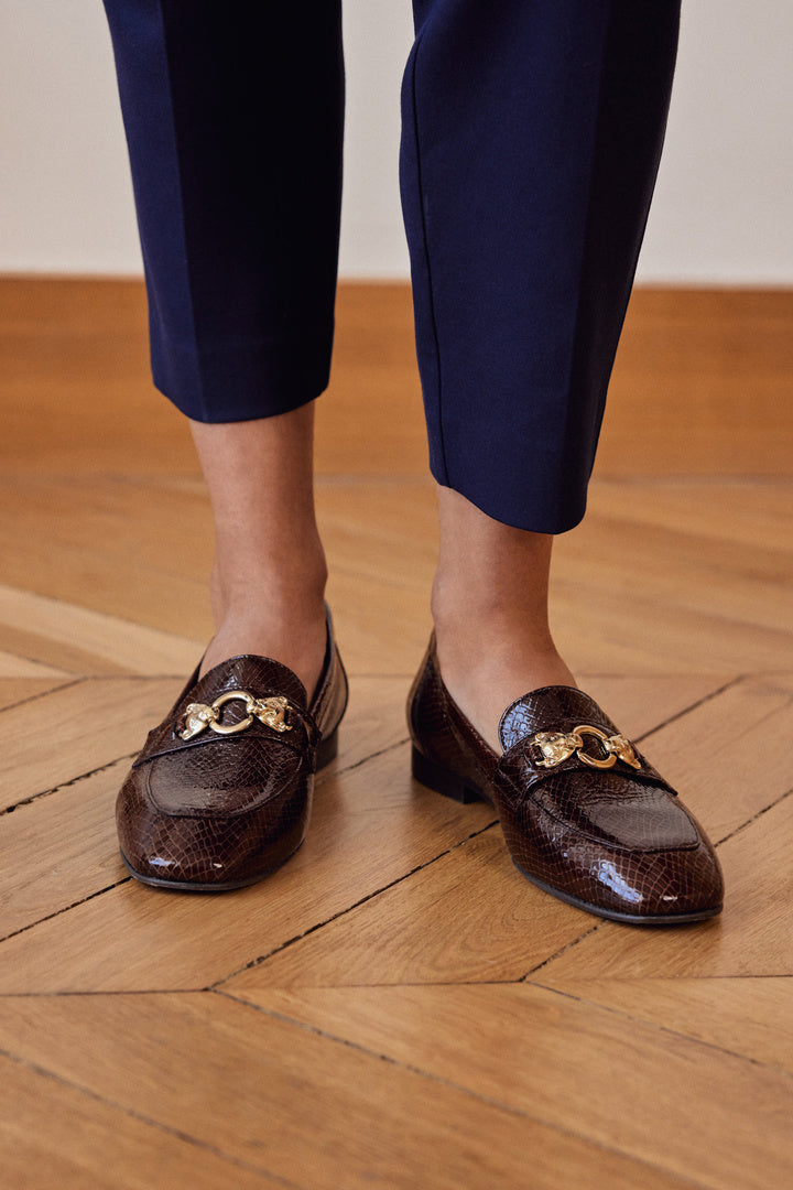 Mocassins Flavie embossé vernis chocolat