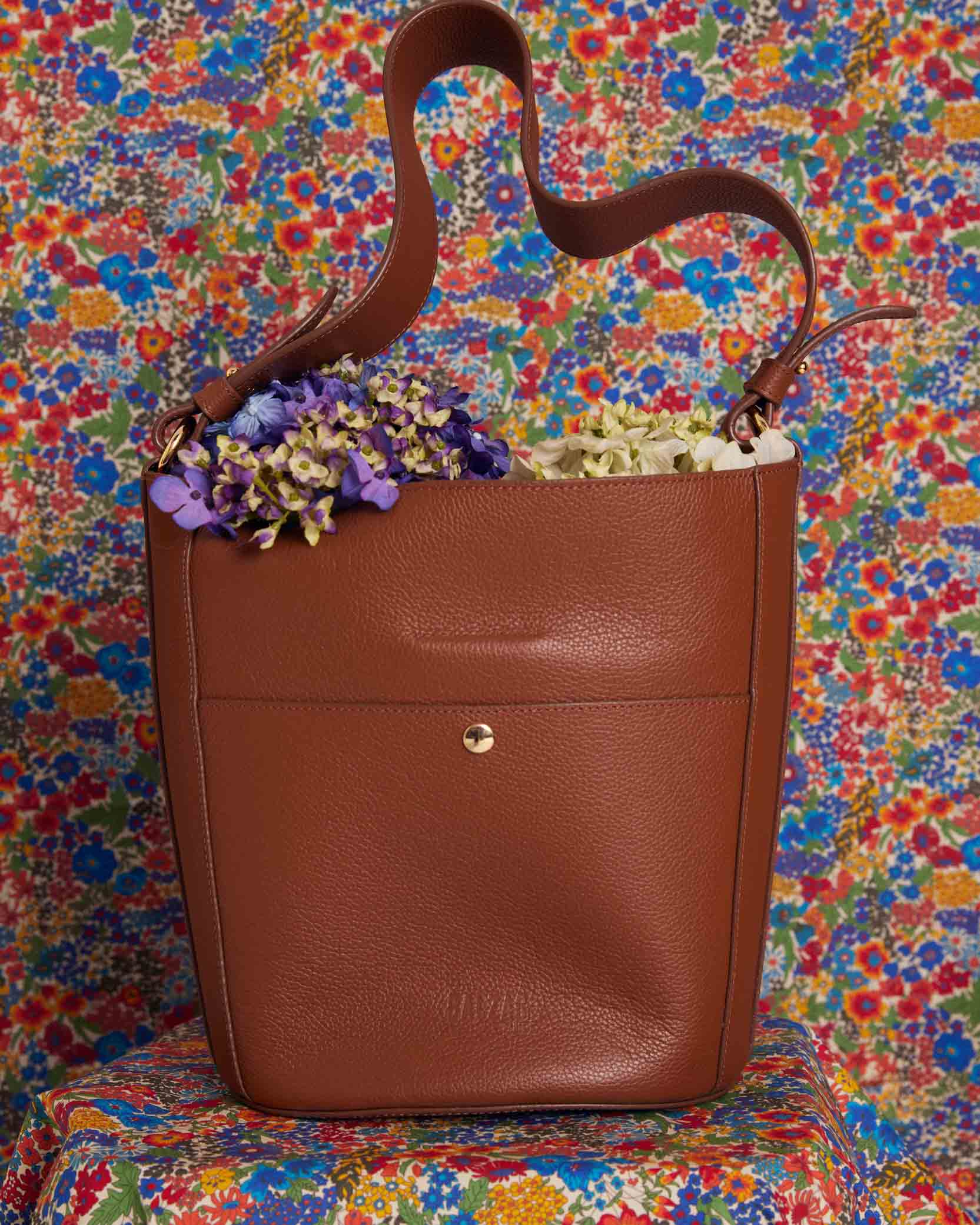 Sac Sofia grainé cognac intérieur orange