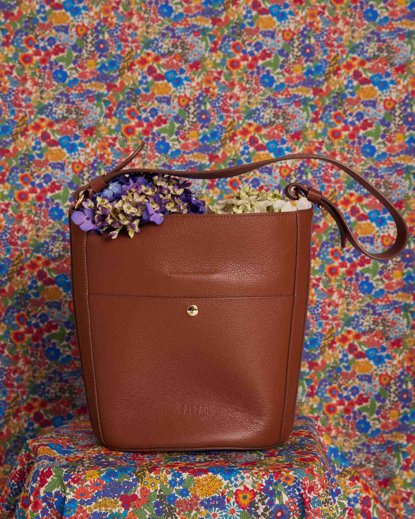 Sac Sofia grainé cognac intérieur orange