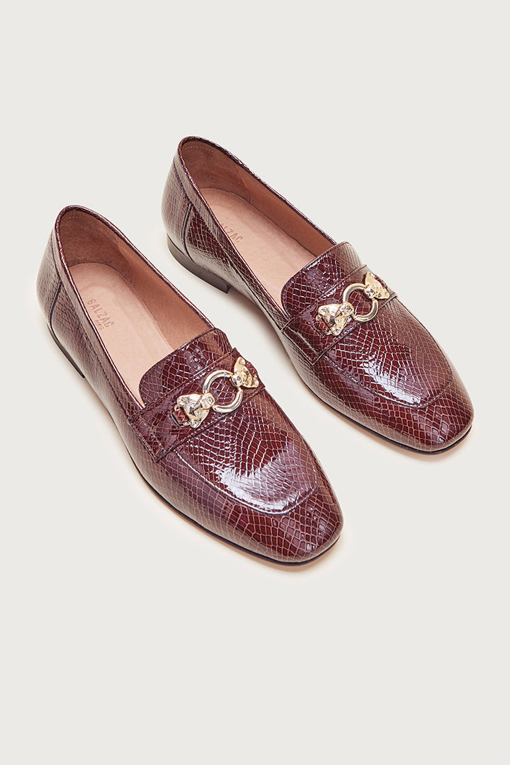 Mocassins Flavie embossé vernis chocolat