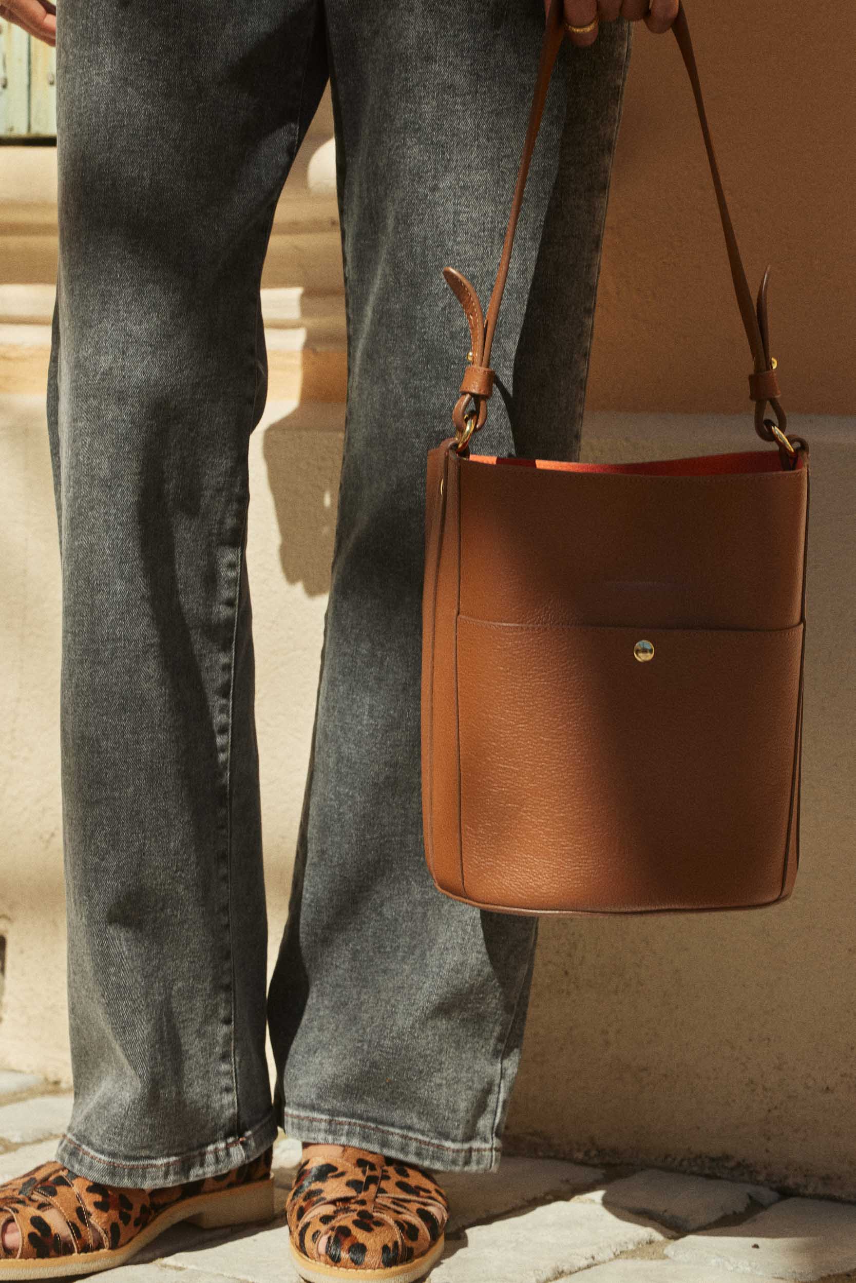 Sac Sofia grainé cognac intérieur orange