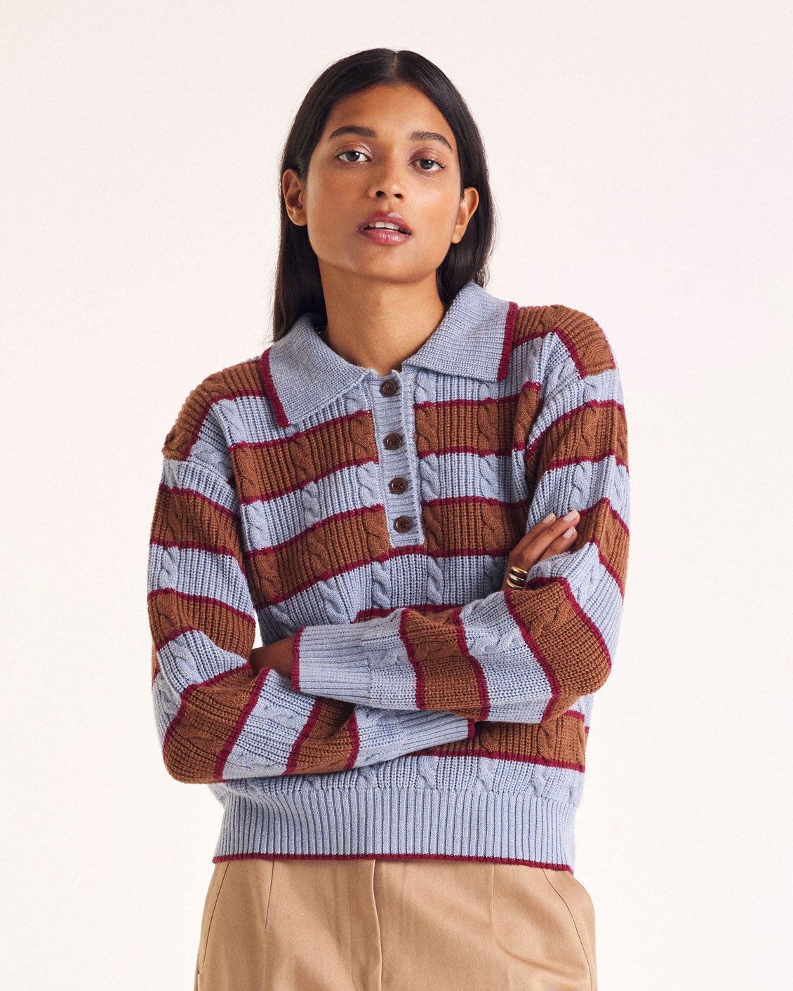 Pull Isidore rayures bleu, cannelle et bordeaux
